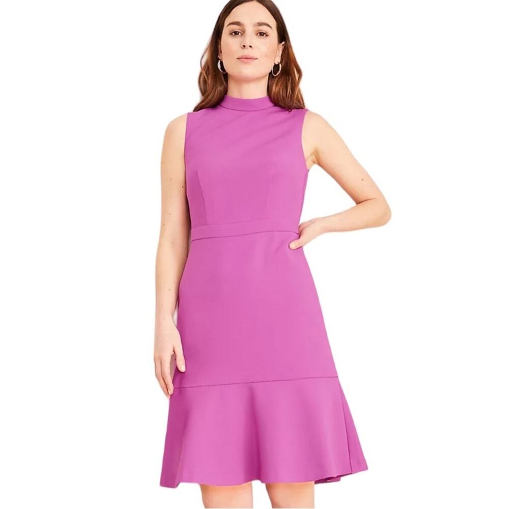 Ann Taylor Size 14 Doubleweave Mock Neck Flounce Dress in Fuscia/Pink Sleeveless